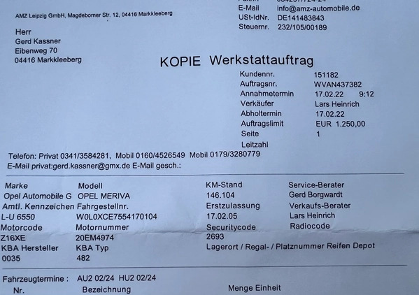 Opel Meriva cena 12900 przebieg: 167459, rok produkcji 2005 z Mirsk małe 596